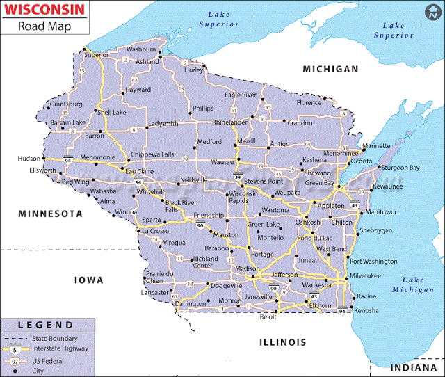 Roadmap of Wisconsin, map of Wisconsin